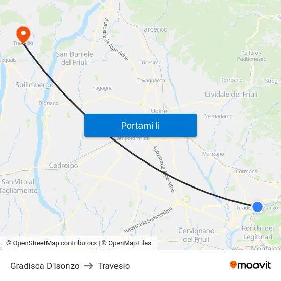 Gradisca D'Isonzo to Travesio map