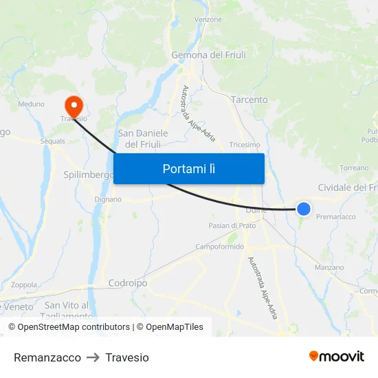 Remanzacco to Travesio map
