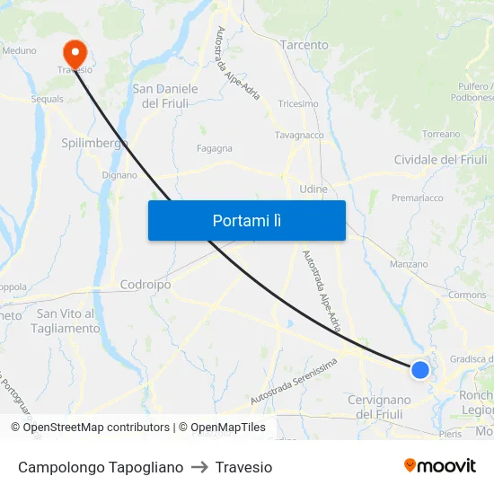 Campolongo Tapogliano to Travesio map