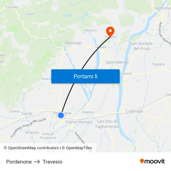 Pordenone to Travesio map