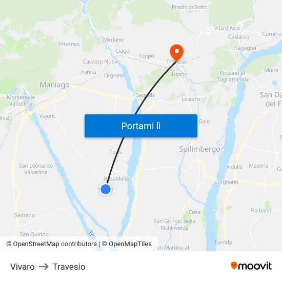 Vivaro to Travesio map