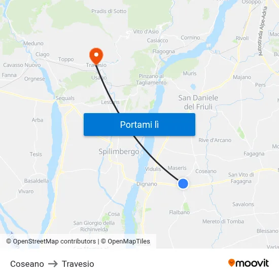 Coseano to Travesio map