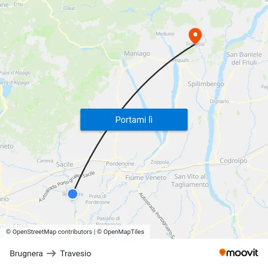 Brugnera to Travesio map