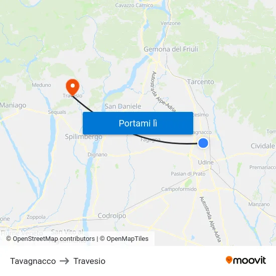 Tavagnacco to Travesio map