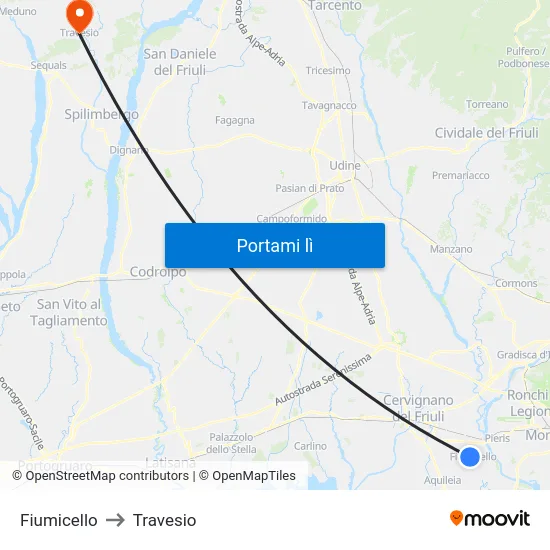 Fiumicello to Travesio map