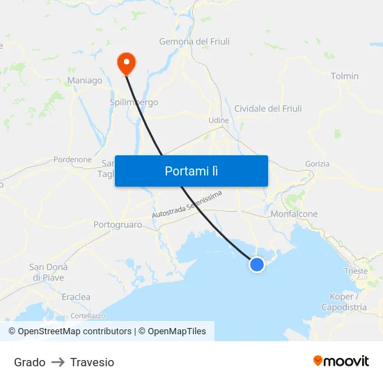 Grado to Travesio map