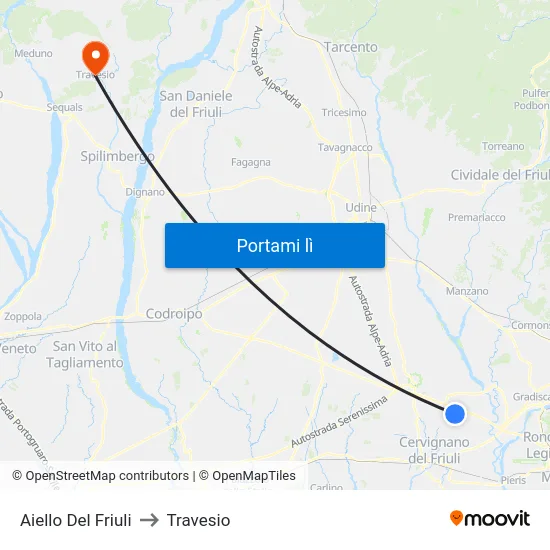 Aiello Del Friuli to Travesio map