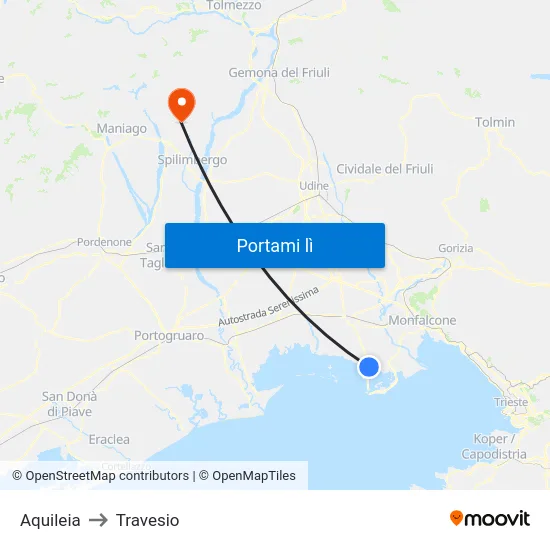 Aquileia to Travesio map