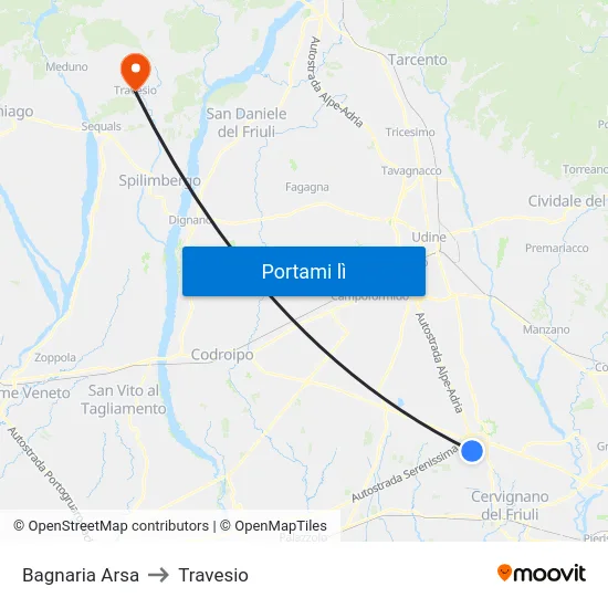 Bagnaria Arsa to Travesio map