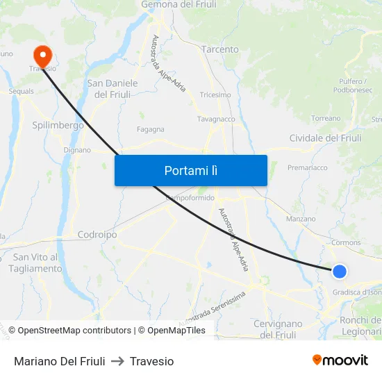 Mariano Del Friuli to Travesio map