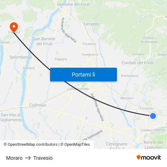 Moraro to Travesio map