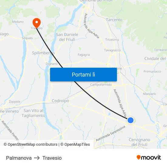 Palmanova to Travesio map