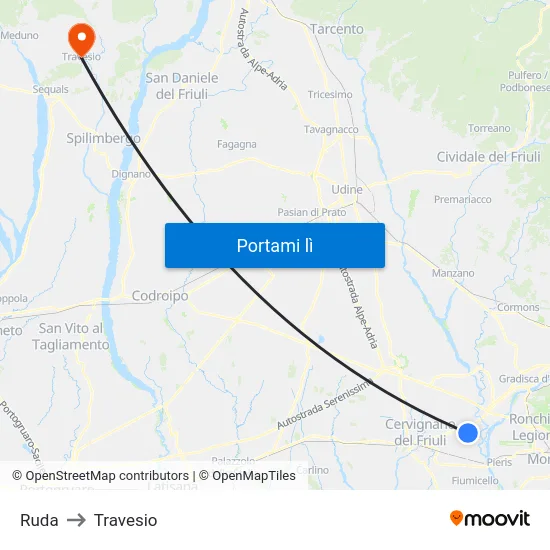 Ruda to Travesio map