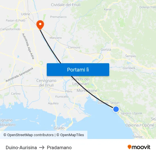 Duino-Aurisina to Pradamano map
