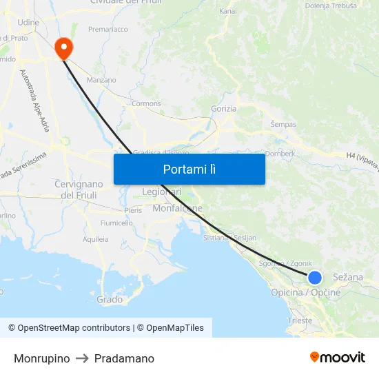 Monrupino to Pradamano map