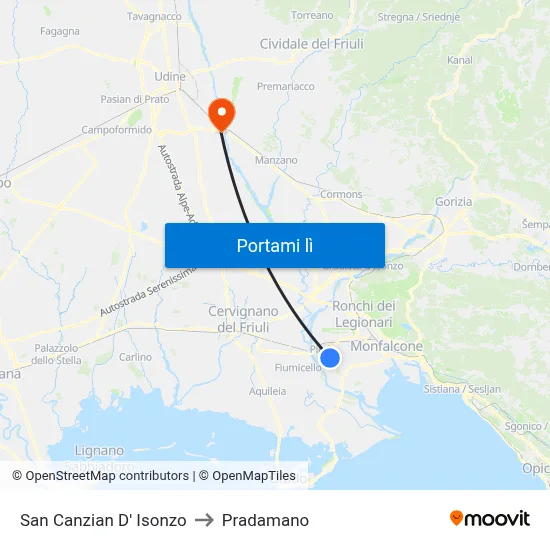 San Canzian D' Isonzo to Pradamano map