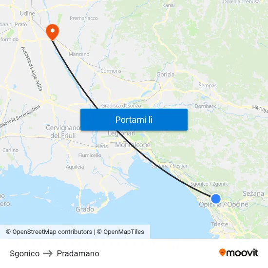 Sgonico to Pradamano map