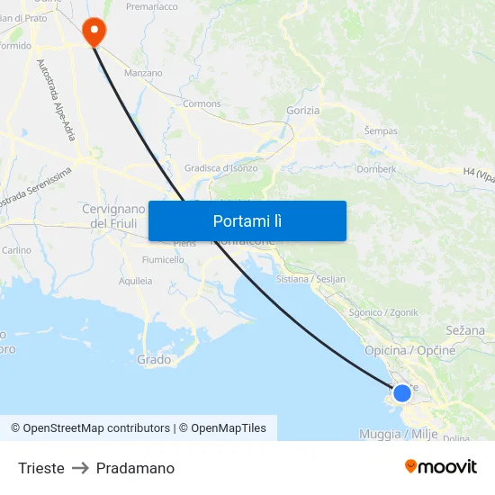 Trieste to Pradamano map