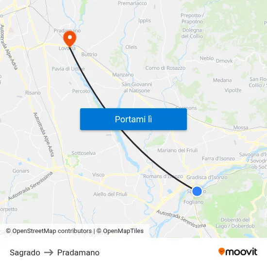 Sagrado to Pradamano map