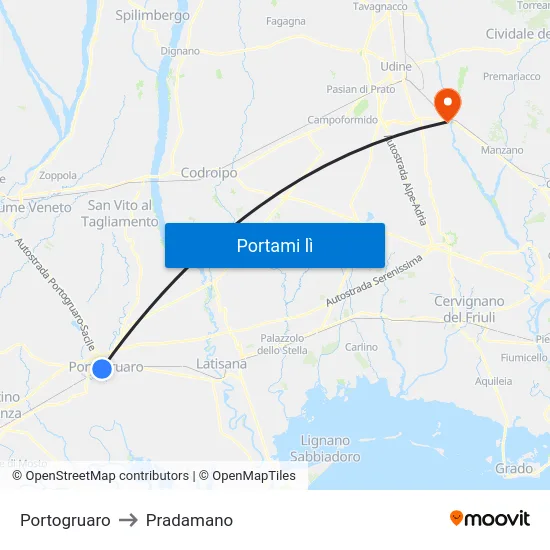 Portogruaro to Pradamano map