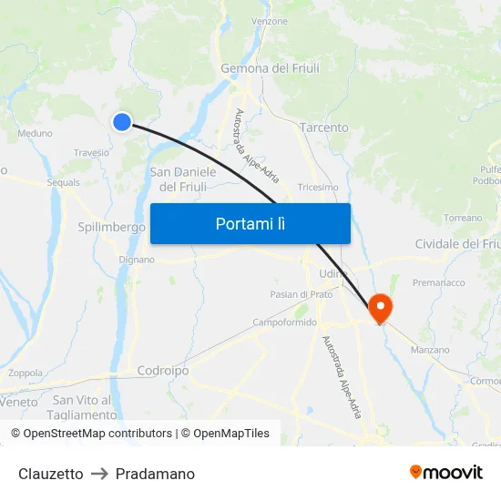 Clauzetto to Pradamano map