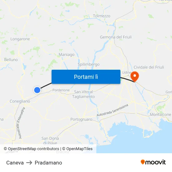 Caneva to Pradamano map
