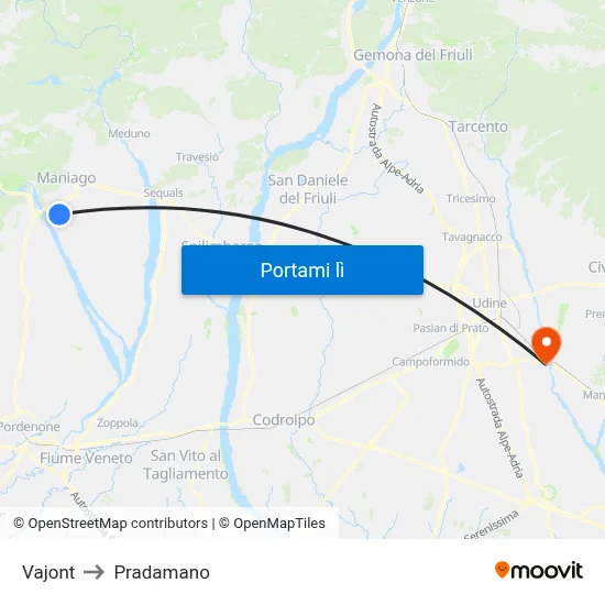 Vajont to Pradamano map