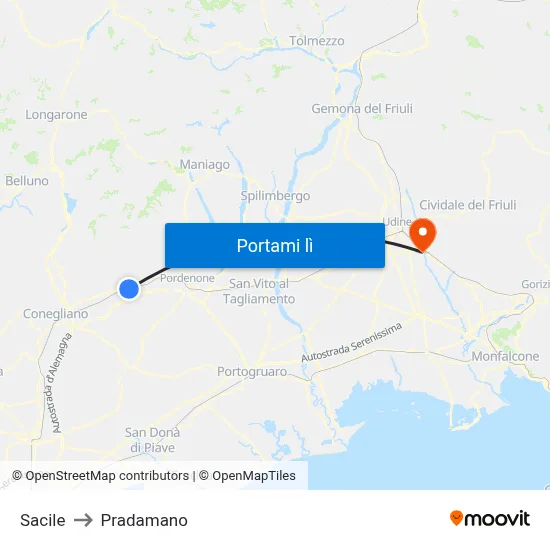 Sacile to Pradamano map