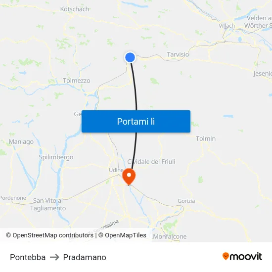 Pontebba to Pradamano map