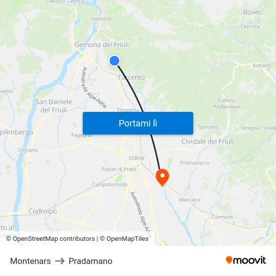 Montenars to Pradamano map