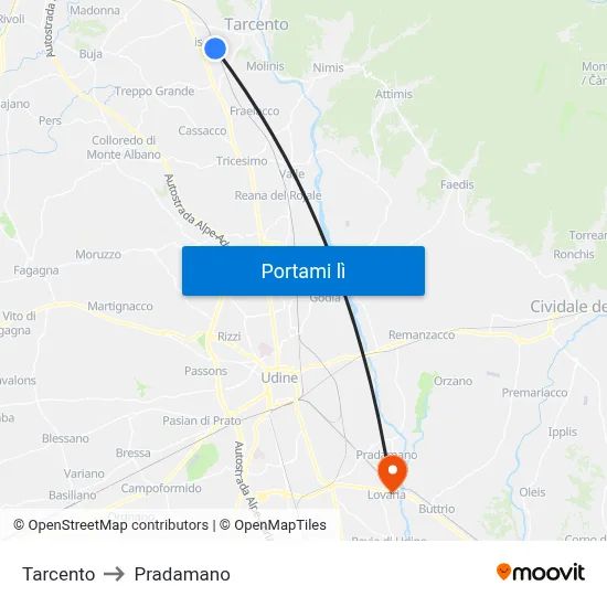 Tarcento to Pradamano map