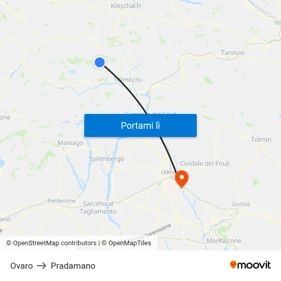 Ovaro to Pradamano map