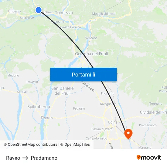 Raveo to Pradamano map