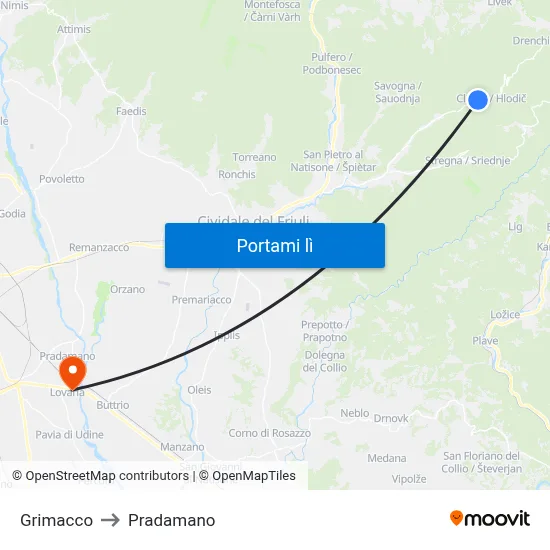 Grimacco to Pradamano map