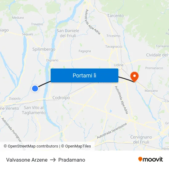 Valvasone Arzene to Pradamano map