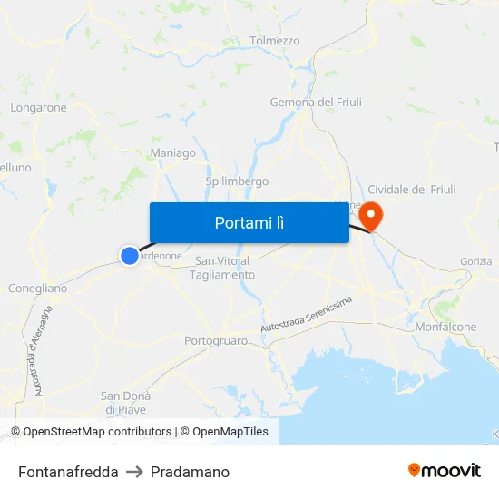 Fontanafredda to Pradamano map