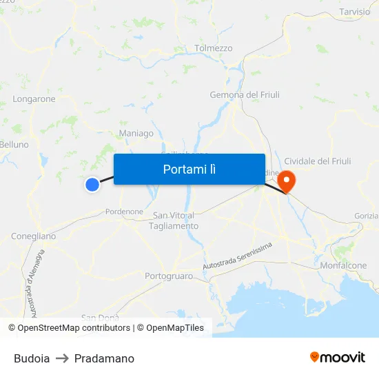 Budoia to Pradamano map