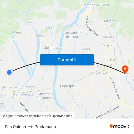 San Quirino to Pradamano map