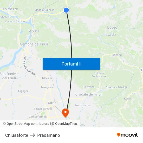 Chiusaforte to Pradamano map