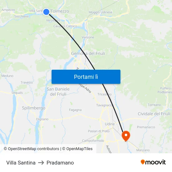 Villa Santina to Pradamano map