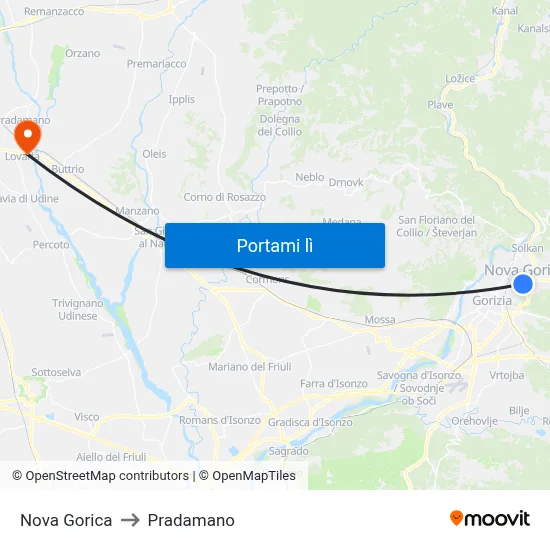 Nova Gorica to Pradamano map
