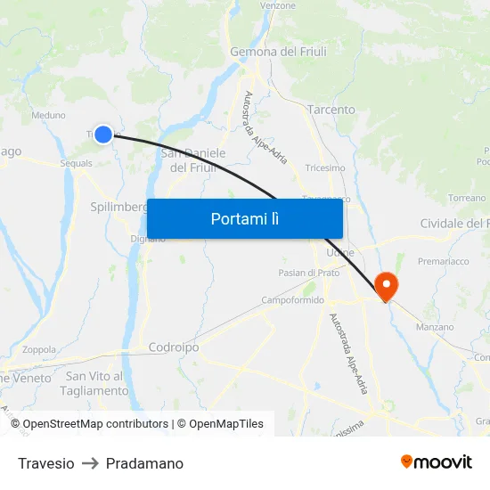 Travesio to Pradamano map