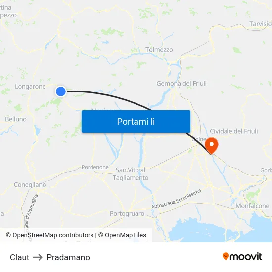 Claut to Pradamano map