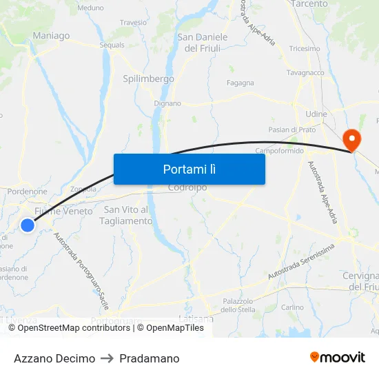 Azzano Decimo to Pradamano map