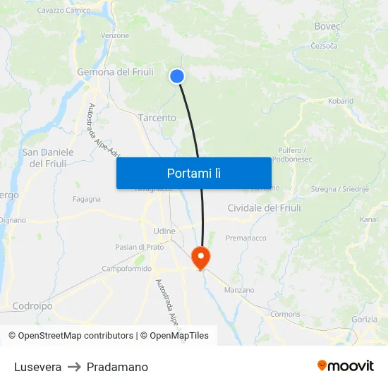 Lusevera to Pradamano map