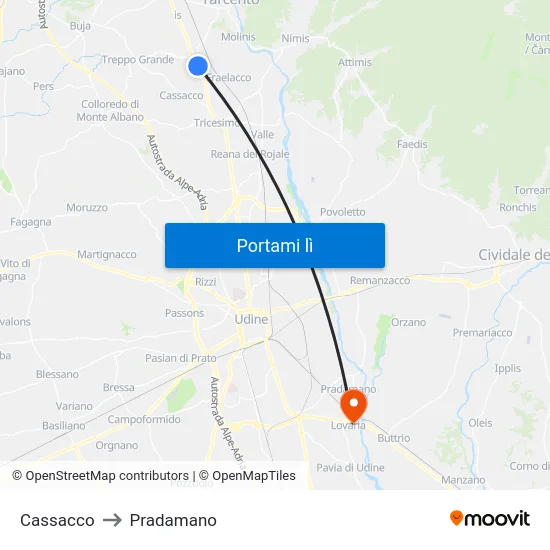 Cassacco to Pradamano map