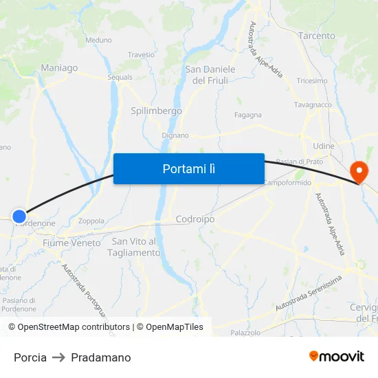 Porcia to Pradamano map