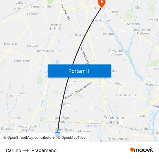 Carlino to Pradamano map