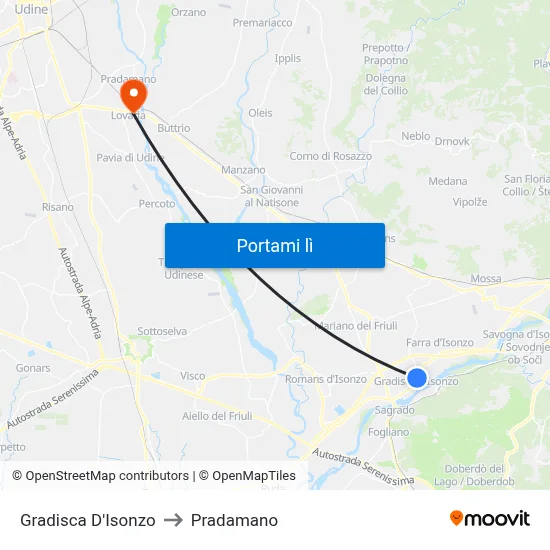 Gradisca D'Isonzo to Pradamano map