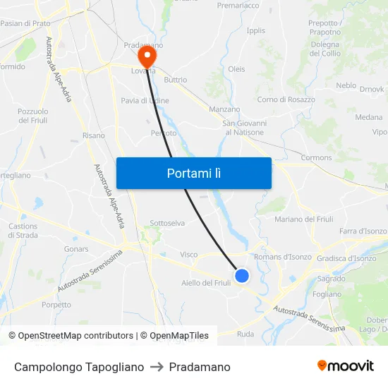 Campolongo Tapogliano to Pradamano map